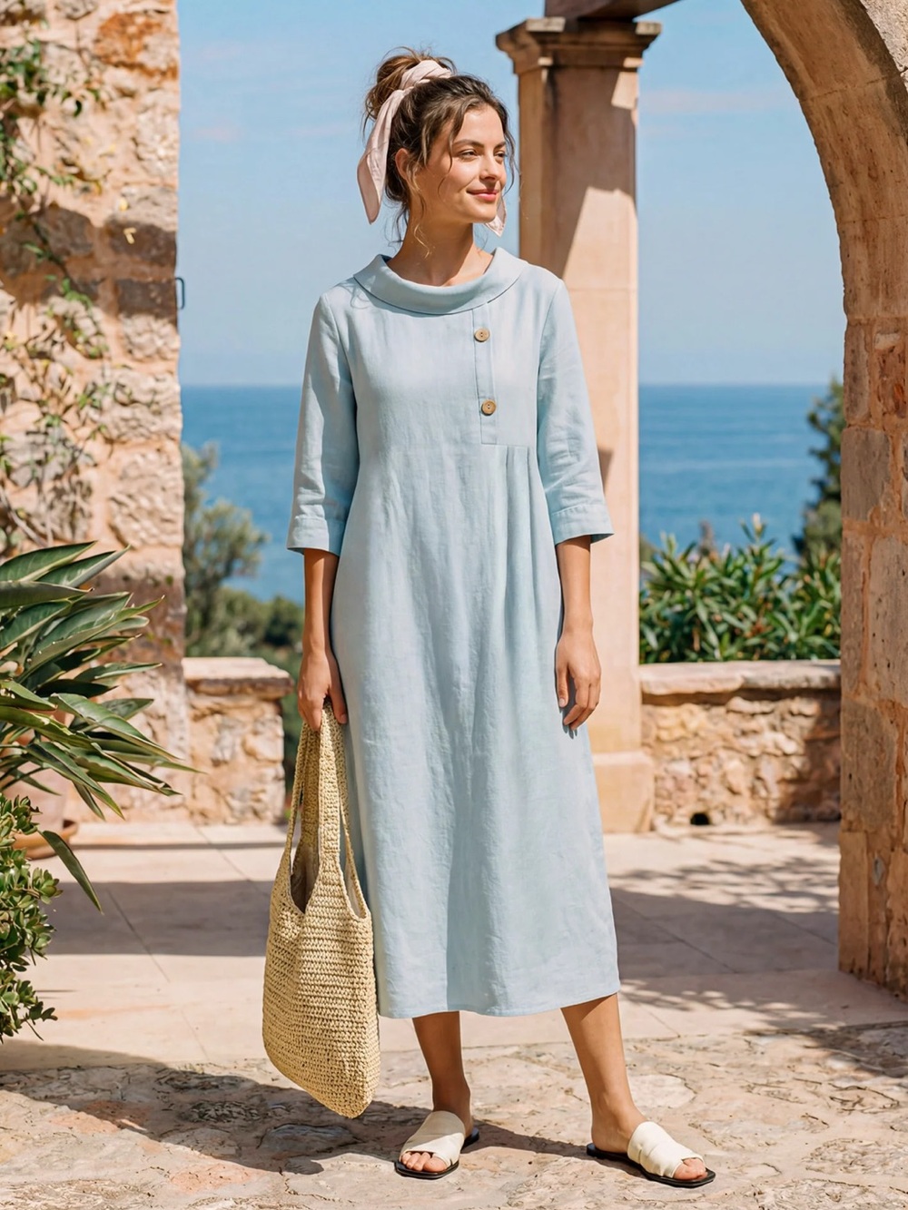 LINTICO European Linen Midi Dress Sky Blue Boat Neck Button Pockets Lagenlook S